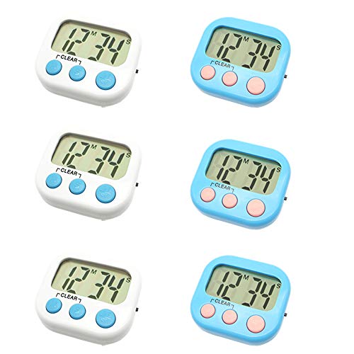 6 Pack Digital Timer for Teacher Small Timers for Kids Magnetic Back Big LCD Display Loud Alarm Minute Second Count Up Countdown with ON/Off Switch for Classroom, Homework, Exercise(3 Blue & 3 White)