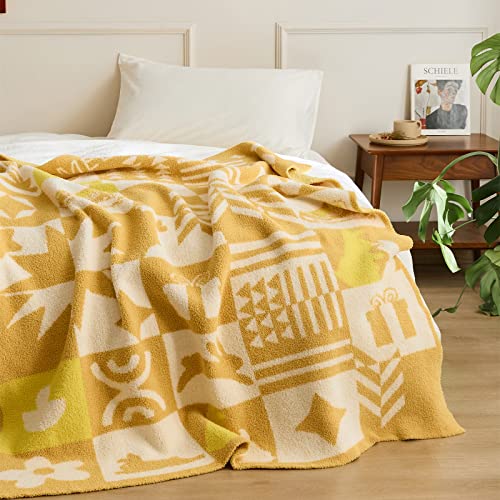 GunziStreet Blanket Throw Geometric Pattern Fuzzy Warm Fleece Microfiber for Couch Chairs Sofa Baby Home Decorative All Season (Checkered Pattern Yellow, 47‘’x59‘’)