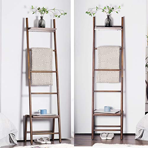 Free Standing Blanket Ladder Towel Drying Rack, Bamboo Towels Rack Stand with Storage Shelf Tall for Bathroom, Bedroom, Brown