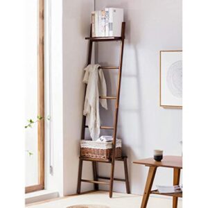 Free Standing Blanket Ladder Towel Drying Rack, Bamboo Towels Rack Stand with Storage Shelf Tall for Bathroom, Bedroom, Brown