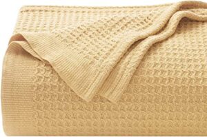 kotton culture 100% cotton throw blankets king size breathable all season blanket for couch lightweight waffle weave pattern soft blanket for home sofa traveling camping 104x90 inches (gold)