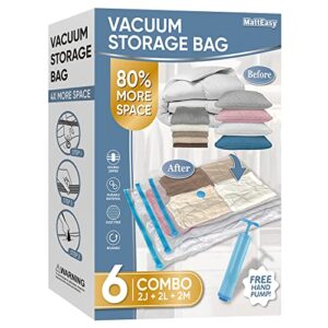 matteasy space saver vacuum storage bags, 6 pack combo (2 jumbo/2 large/2 medium) space saver bags with pump, storage vacuum sealed bags for clothes, comforters, blankets, bedding