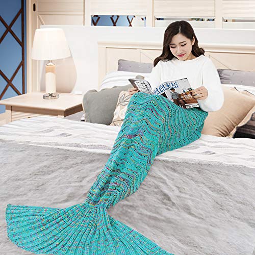 Fu Store Mermaid Tail Blanket Crochet Mermaid Blanket for Women Teens Girls Soft All Seasons Sofa Sleeping Blanket, Cool Birthday Wedding Mother's Day, 71 x 35 Inches, Mint Green