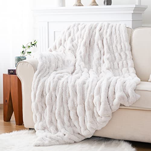 Luxury Concepts Lightweight Faux Rabbit Fur Throw Blanket, Ruched Elegant Wrinkle Resistant, Anti-Static and Washable for Couch Sofa Bed, 50" x 60" in (Off White)