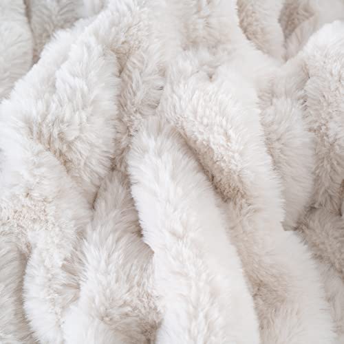 Luxury Concepts Lightweight Faux Rabbit Fur Throw Blanket, Ruched Elegant Wrinkle Resistant, Anti-Static and Washable for Couch Sofa Bed, 50" x 60" in (Off White)