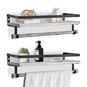 halter wall mounted floating shelf with rail and wooden towel rod, grey