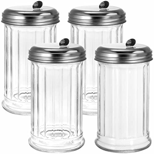 Tebery 4 Pack 12OZ Glass Sugar Dispenser/Pourer/Shaker with Stainless Steel Pour-Flap Lid, Retro Style