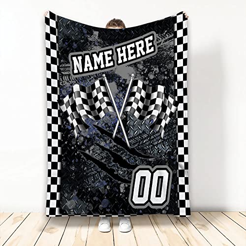 OhaPrints Custom Racing Checkered Flag Pattern Sports Gift Personalized Name Number Soft Sherpa Throw Blankets Cozy Fuzzy Fleece Throws for Tv Sofa Couch Comfy Fluffy Blanket 30X40 50X60 60X80