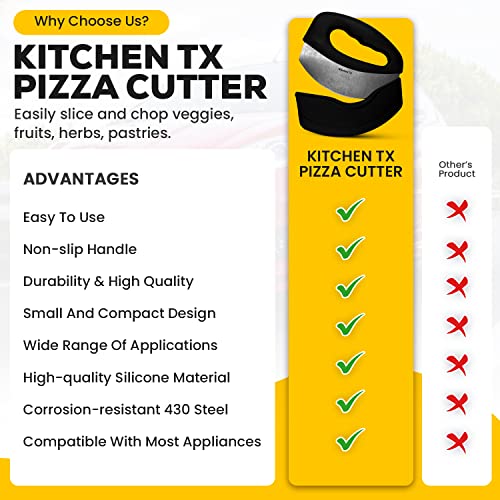 Kitchen TX Premium Pizza Cutter Rocker - Sharp Stainless Steel Pizza Knife with Cover - Pizza Slicer with Ergonomic Silicone Handle - Cheese Cutter, Chopper & Mincer - Dishwasher Safe & Easy to Clean