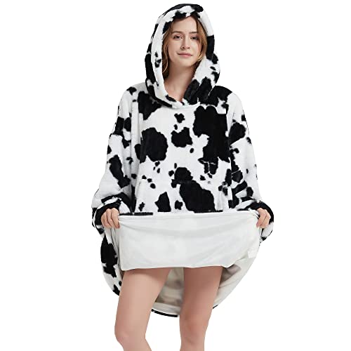 softan Blanket Hoodie, Oversized Wearable Blanket for Adult Men Women, Super Cozy Warm and Soft Hooded Blanket Sweatshirt, Cow Print Faux Fur Blanket Sweatshirt with Large Pocket, One Size Fits All