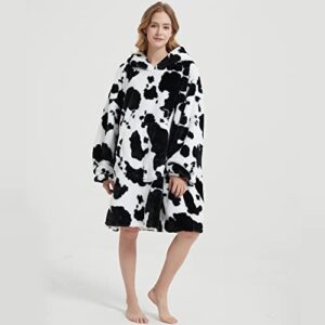 softan Blanket Hoodie, Oversized Wearable Blanket for Adult Men Women, Super Cozy Warm and Soft Hooded Blanket Sweatshirt, Cow Print Faux Fur Blanket Sweatshirt with Large Pocket, One Size Fits All