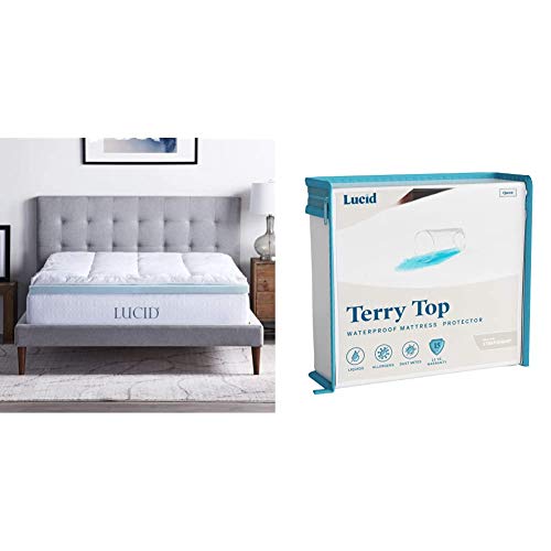 LUCID 4 Inch Down Alternative and Gel Memory Foam Mattress Topper - Three Toppers in One - Queen & Premium Hypoallergenic 100% Waterproof Mattress Protector - Universal Fit, Cotton Terry Top, Queen