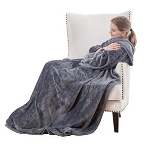 choshome wearable blanket with sleeves and foot pocket for adult women men, soft fleece blanket fuzzy tv blanket throw wrap for bed sofa travel home office, 71" x 51", grey