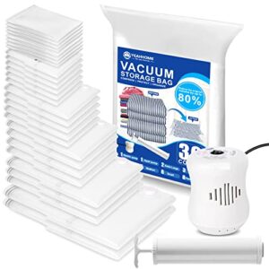 yeahhome 30 combo include 1 electric air pump/1 hand pump/28 vacuum storage bags, space saver bags(2pcs40"x52"/3 jumbo/4 large/5 medium/6 small/8 roll) compression storage bags for comforters, vacuum sealer bags for clothes, blanket, duvets, pillows,trave