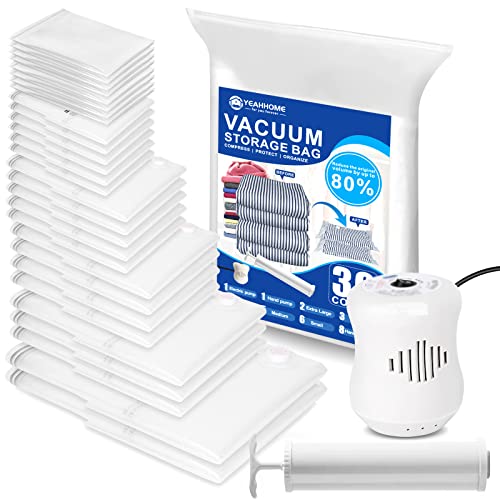 Yeahhome 30 Combo Include 1 Electric Air Pump/1 Hand Pump/28 Vacuum Storage Bags, Space Saver Bags(2pcs40"x52"/3 Jumbo/4 Large/5 Medium/6 Small/8 Roll) Compression Storage Bags for Comforters, Vacuum Sealer Bags for Clothes, Blanket, Duvets, Pillows,Trave