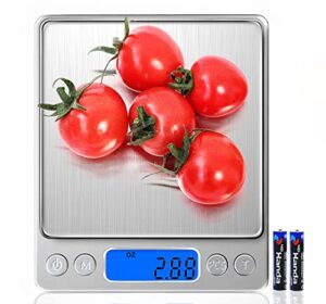 food scale digital kitchen scale for food ounces and grams, small electronic pocket scale for weight loss, baking, cooking, coffee, jewelry, 6.6lb/3kg, 0.01oz/0.1g precision (batteries, 2 trays)