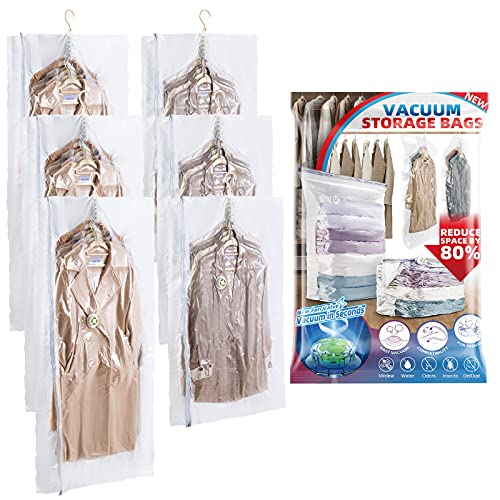 LEVERLOC Hanging Vacuum Storage Space Saver Bags for Clothes Winter Coat Garment Dress Jacket Suit Sweater Clothing Hanger Closet Organizer, Upgrade Valve Side Expandable 80% Space Save 6 Packs, 3 Long 3 Short