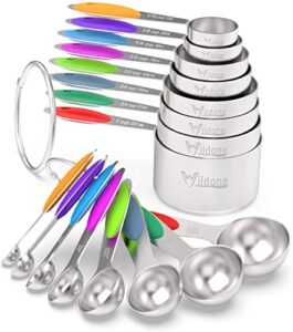 measuring cups & spoons set of 16, wildone premium stainless steel measuring cups and measuring spoons with colored silicone handle, including 8 nesting cups, 8 spoons, for dry and liquid ingredient