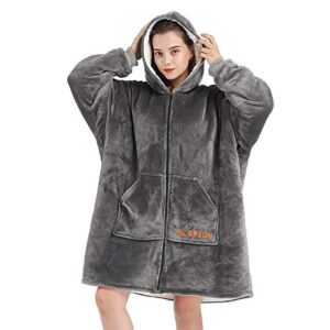 slepzon blanket hoodie | oversized wearable blanket - deep pockets, comfy sleeves, front zipper - deluxe fleece sweatshirt blanket - grey
