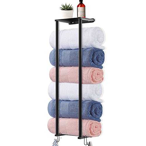 TouYinger Towel Rack for Bathroom, Towel Holder for Bathroom Wall, Metal Towel Rack Wall Mounted with Shelf and Hooks, Bathroom Towel Storage for Large Towels and Small Towels (Black Shelf)