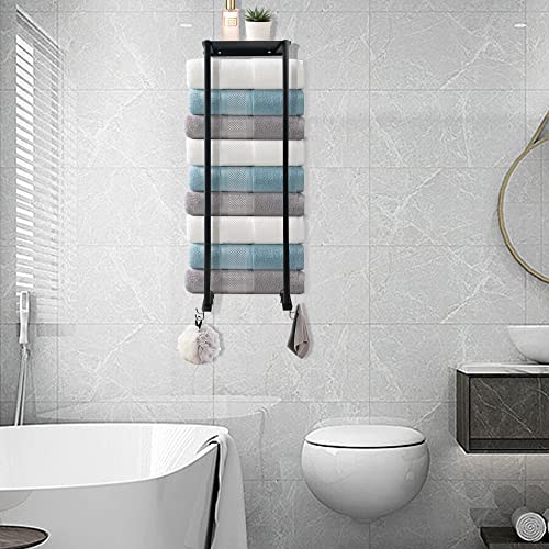 TouYinger Towel Rack for Bathroom, Towel Holder for Bathroom Wall, Metal Towel Rack Wall Mounted with Shelf and Hooks, Bathroom Towel Storage for Large Towels and Small Towels (Black Shelf)