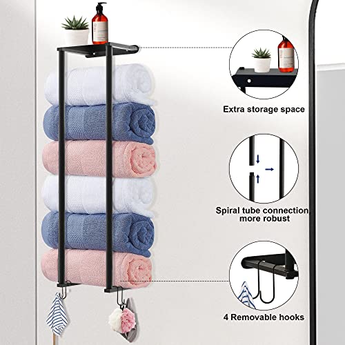 TouYinger Towel Rack for Bathroom, Towel Holder for Bathroom Wall, Metal Towel Rack Wall Mounted with Shelf and Hooks, Bathroom Towel Storage for Large Towels and Small Towels (Black Shelf)