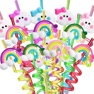 rainbow birthday party supplies drinking plastic straws 24 for kids girls boys rainbow cloud party favors decorations with 2 cleaning brushes - set of 26 (8 styles)