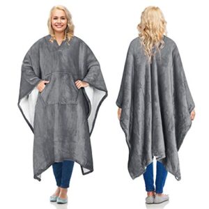 catalonia sherpa wearable blanket poncho for adult women men, wrap blanket cape with pocket, warm, soft, cozy, snuggly, comfort gift, no sleeves, grey