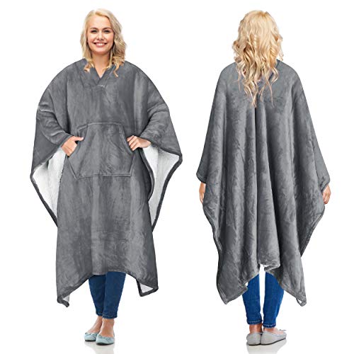 Catalonia Sherpa Wearable Blanket Poncho for Adult Women Men, Wrap Blanket Cape with Pocket, Warm, Soft, Cozy, Snuggly, Comfort Gift, No Sleeves, Grey