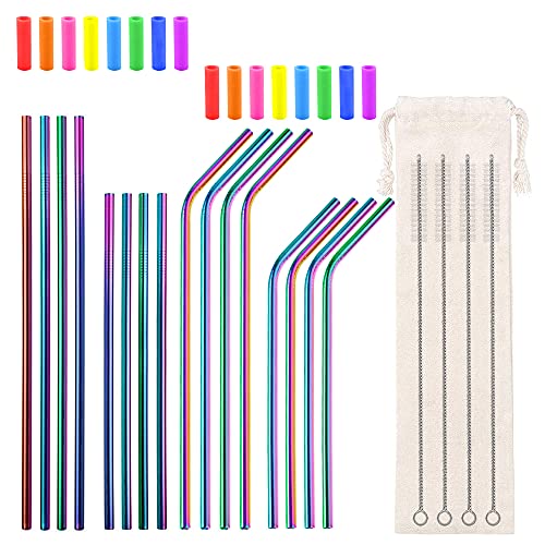 Lazycorner 16 Metal Straw Reusable Straws 8.5" 10.5" 6mm Stainless Steel Straws for Tumblers 20oz-32oz, Rainbow Drinking Straws with Silicone Tips, 4 Straw Cleaner Brush, 1 Travel Case