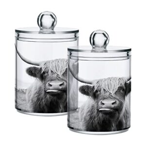 kigai highland cow qtip holder set of 4 - 14oz clear plastic apothecary jars with lids bathroom container organizer dispenser for cotton ball, cotton swab, candy, floss, spices