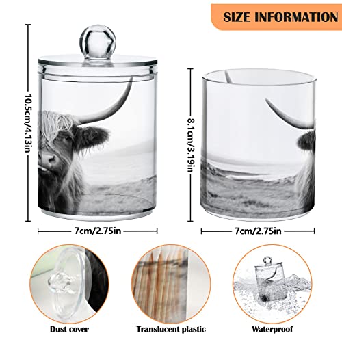 Kigai Highland Cow Qtip Holder Set of 4 - 14OZ Clear Plastic Apothecary Jars with Lids Bathroom Container Organizer Dispenser for Cotton Ball, Cotton Swab, Candy, Floss, Spices