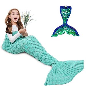 amyhomie mermaid tail blanket, soft crochet sleeping bag blanket for kids adults, mermaid gift for girls(scalemint,kids)