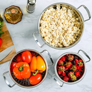 Ovente Premium Stainless Steel Colander Set of 3 Deep Kitchen Strainer, Dishwasher Safe 1.5, 3 & 5 Quarts Metal Bowl Drainer with Handle for Pasta, Fruit, Noodle, Meal Prep, Silver C46263S