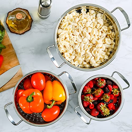 Ovente Premium Stainless Steel Colander Set of 3 Deep Kitchen Strainer, Dishwasher Safe 1.5, 3 & 5 Quarts Metal Bowl Drainer with Handle for Pasta, Fruit, Noodle, Meal Prep, Silver C46263S