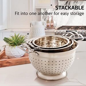 Ovente Premium Stainless Steel Colander Set of 3 Deep Kitchen Strainer, Dishwasher Safe 1.5, 3 & 5 Quarts Metal Bowl Drainer with Handle for Pasta, Fruit, Noodle, Meal Prep, Silver C46263S