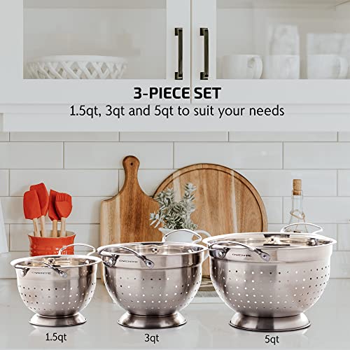 Ovente Premium Stainless Steel Colander Set of 3 Deep Kitchen Strainer, Dishwasher Safe 1.5, 3 & 5 Quarts Metal Bowl Drainer with Handle for Pasta, Fruit, Noodle, Meal Prep, Silver C46263S