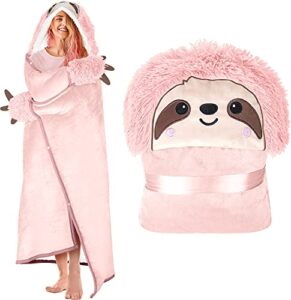 sloth wearable hooded blanket for adults - super soft warm cozy plush flannel fleece & sherpa hoodie throw cloak wrap - sloth gifts for women adults and kids