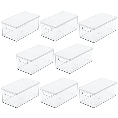 mDesign Plastic Storage Bin Box Container, Lid, Built-in Handles, Organization for Makeup, Hair Styling Tools, Accessories in Bathroom Cabinet, Cupboard Shelves, Ligne Collection, 8 Pack, Clear/White