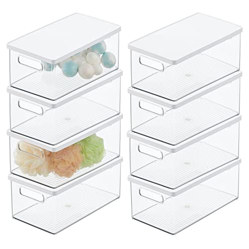 mDesign Plastic Storage Bin Box Container, Lid, Built-in Handles, Organization for Makeup, Hair Styling Tools, Accessories in Bathroom Cabinet, Cupboard Shelves, Ligne Collection, 8 Pack, Clear/White