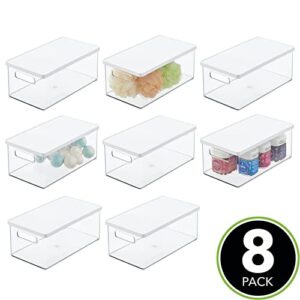 mDesign Plastic Storage Bin Box Container, Lid, Built-in Handles, Organization for Makeup, Hair Styling Tools, Accessories in Bathroom Cabinet, Cupboard Shelves, Ligne Collection, 8 Pack, Clear/White