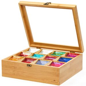 royalhouse big natural bamboo tea storage organizer with clear acrylic top window, 12 compartments eco-friendly tea bag holder, multi-functional storage box