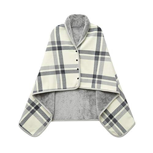 XING YE CHUAN Fleece Wearable Blanket, Comfy Poncho Throw with Buttons, Plush Sleeveless Blankets, for Women Cape Wrap Cover for Lightweight Microfiber Plaid Design (White)