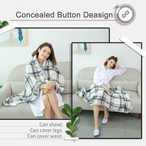 XING YE CHUAN Fleece Wearable Blanket, Comfy Poncho Throw with Buttons, Plush Sleeveless Blankets, for Women Cape Wrap Cover for Lightweight Microfiber Plaid Design (White)