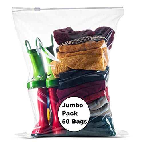 [PACK of 50 ] Extra Large BIG Food & Organization Storage Bags with Easy Open Close SLIDER closure,5 Gallon 18"x 24" Clear, For Travel, Organization, Moving, Meal Prep, Freezer, 2 Mill. Thick