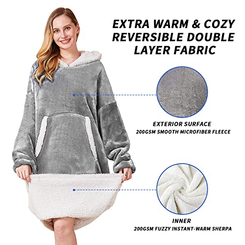 Wearable Blanket Hoodie Women and Men, Oversized Sherpa Sweatshirt with Hood Pocket and Sleeves, Super Soft Warm Comfy One Size Fits All (Light Grey, One Size)