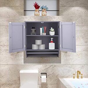 Sophia & William Medicine Cabinet with Double Door, Bathroom Wall Mounted Storage Cabinet with Adjustable Shelf & Towel Bar for Bathroom Kitchen Toilet Living Room, Grey