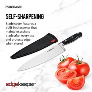 Farberware Edgekeeper 8-Inch Forged Triple Riveted Chef Knife with Self-Sharpening Blade Cover, High Carbon-Stainless Steel Kitchen Knife with Ergonomic Handle, Razor-Sharp Knife, Black