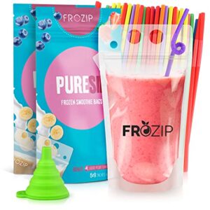 frozip 100pcs 16oz drink pouches for adults - drink pouches with straws x100 & funnel - resealable smoothie pouches & clear juice pouches for adults - drink bag plastic pouches for drinks with straws