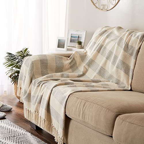 DII Rustic Farmhouse Cotton Cabana Striped Blanket Throw with Fringe, 50 x 60 - Cabana Striped Gray